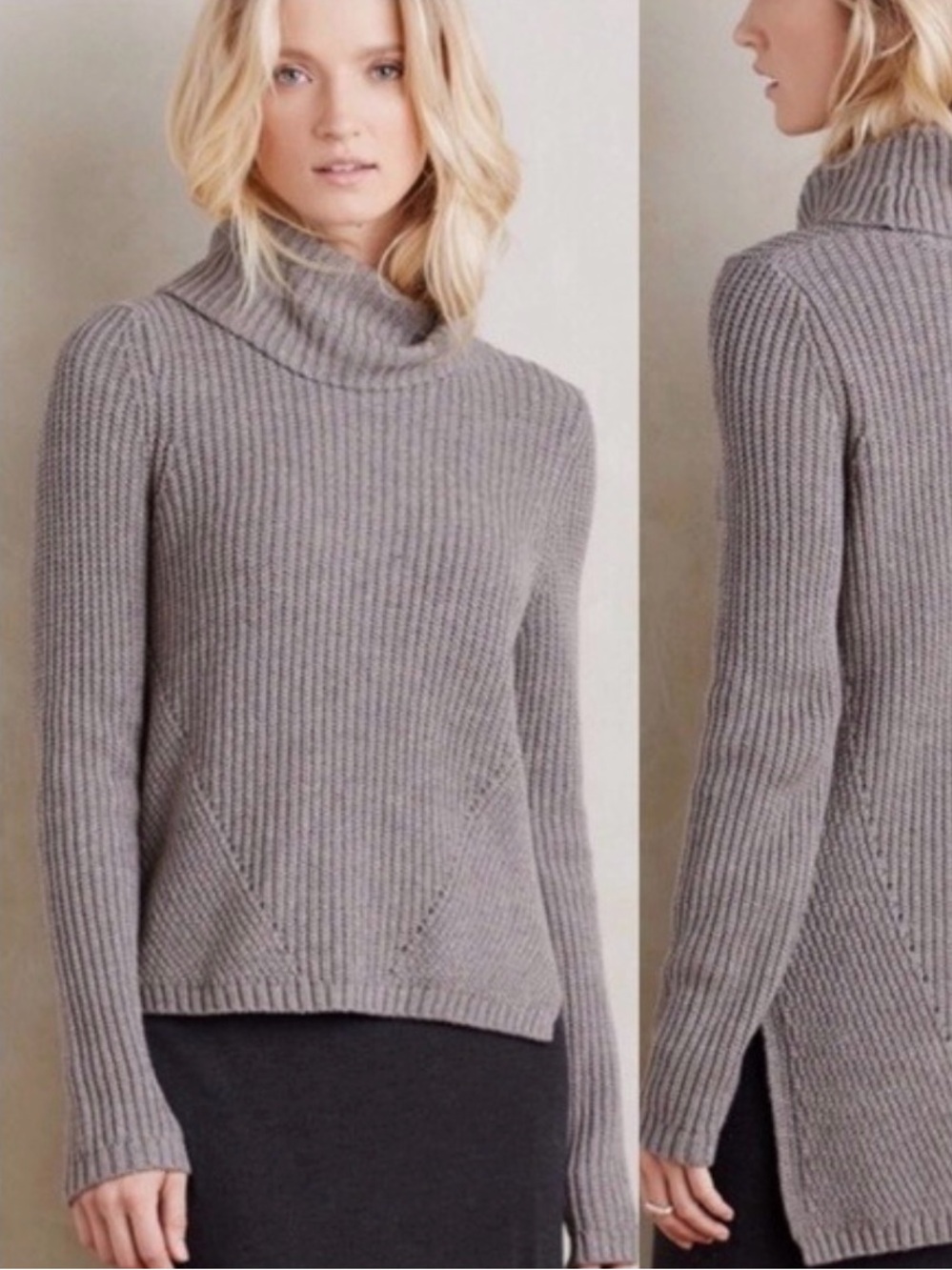 Anthro Moth Gray Wool Blend Cowl Neck High Low Tunic Turtleneck Sweater M